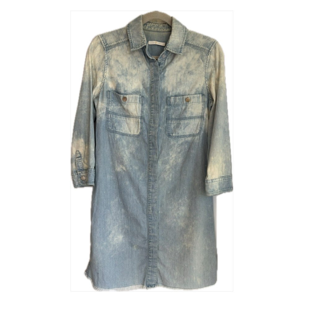 7 For All Mankind Denim Shirtdress XS Light Blue Acid Wash Raw Hem Western - Picture 2 of 12